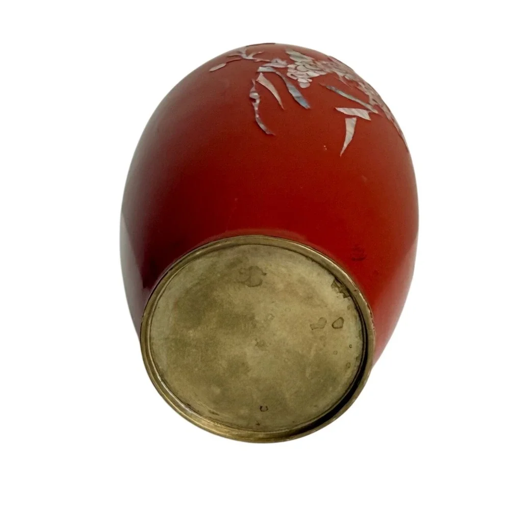 Cinnabar Vase Home Decor Small Red Mother of Pearl Inlay Birds *See Photos